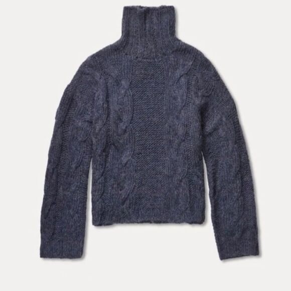 Revolve Something Navy Cableknit Turtleneck Chunky Blue Cable Knit Sweater SZ M - Picture 10 of 10